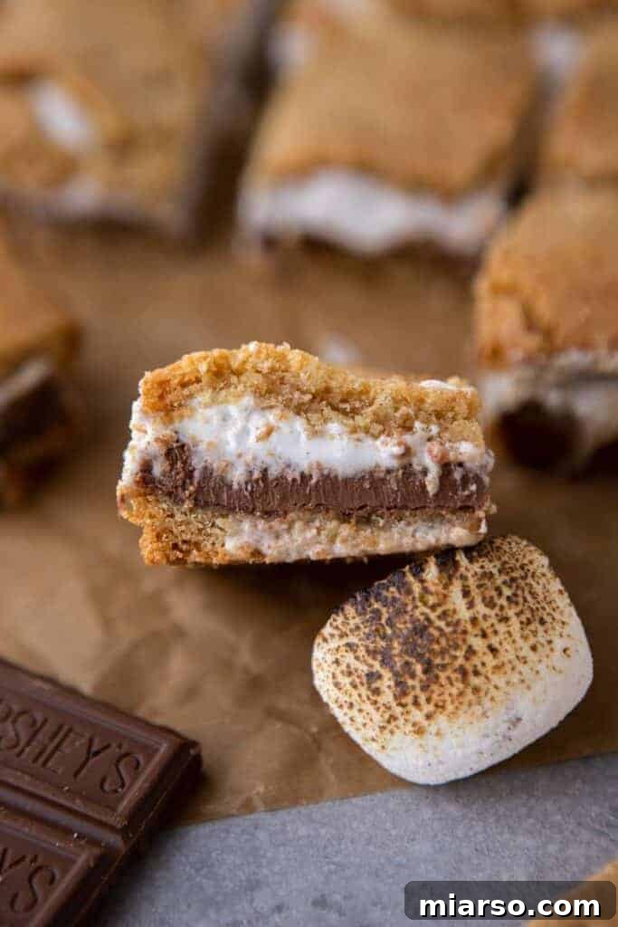A close-up view of a perfectly sliced s'mores cookie bar, showcasing the distinct layers of cookie, chocolate, and marshmallow.