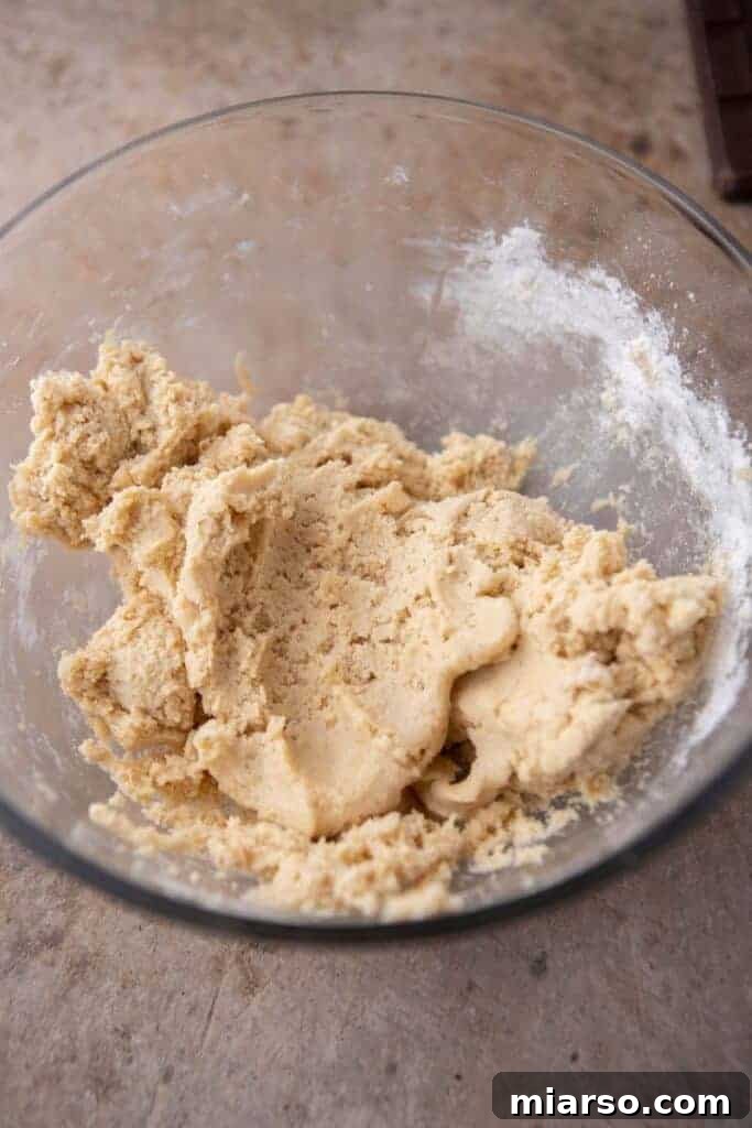 Prepared cookie dough in a mixing bowl, ready for shaping.