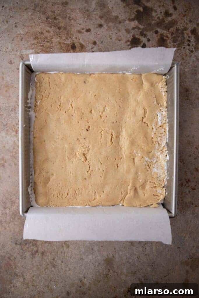 Unbaked s'mores cookie bars assembled in the pan, prior to baking.