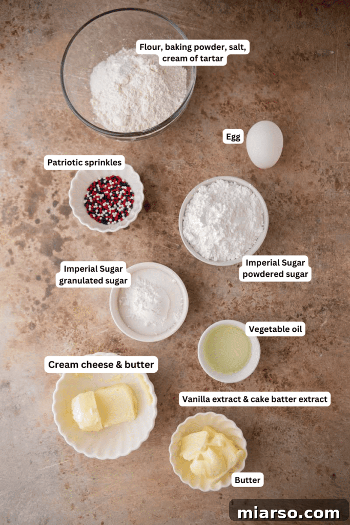 Ingredients for patriotic sugar cookies laid out on a counter