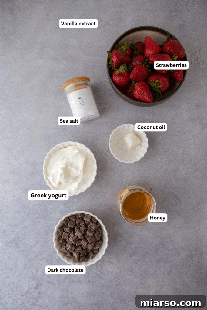 Ingredients for chocolate strawberry yogurt clusters laid out on a kitchen counter.