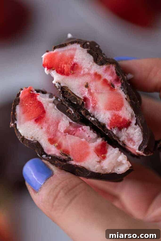 A hand holding a frozen chocolate strawberry yogurt cluster, showcasing its perfect bite-sized form.