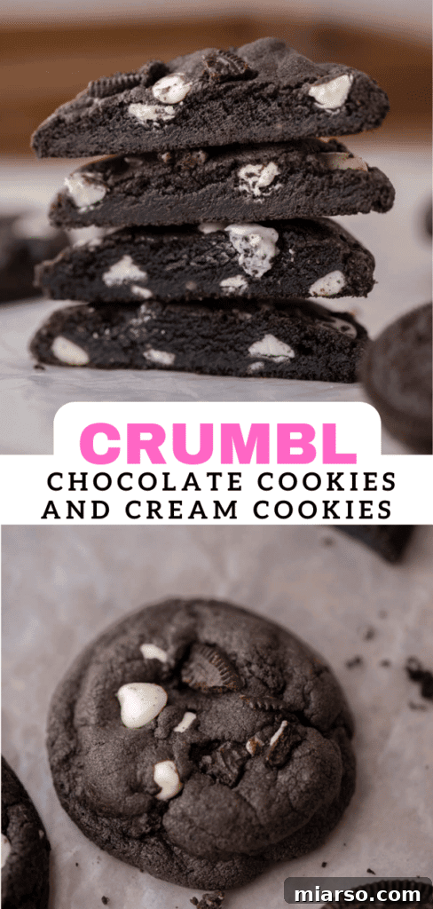 Crumbl's Chocolate Cookies & Cream Bliss 13 A close-up shot of a Crumbl Chocolate Cookies and Cream Cookie, highlighting its rich texture and toppings.
