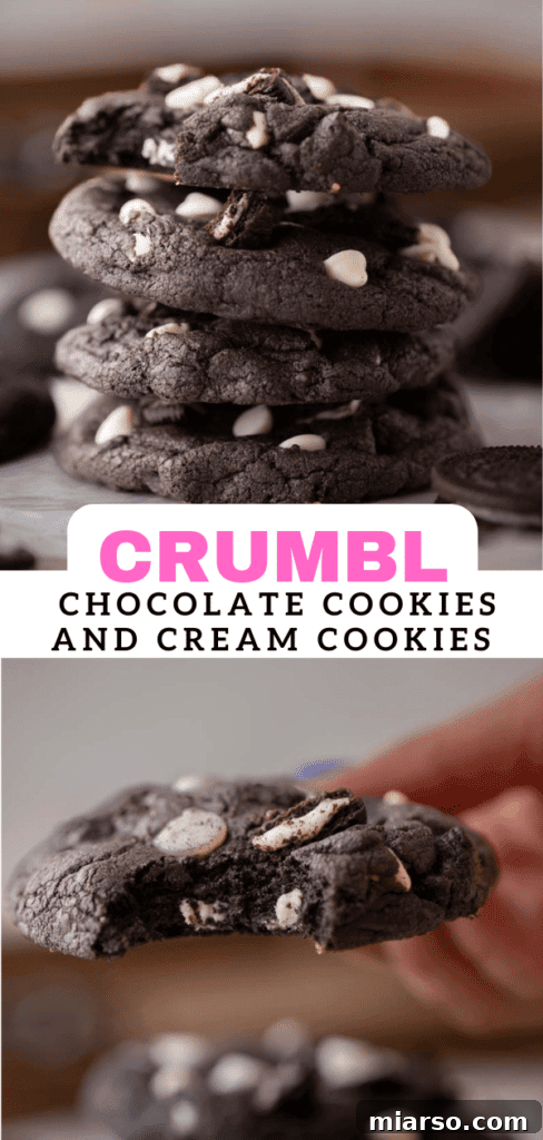 Crumbl's Chocolate Cookies & Cream Bliss 14 Two freshly baked Crumbl Chocolate Cookies and Cream Cookies on a cooling rack, ready to be enjoyed.