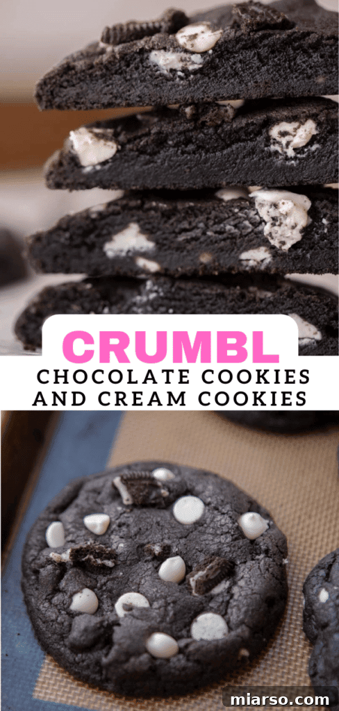Crumbl's Chocolate Cookies & Cream Bliss 15 A trio of Crumbl Chocolate Cookies and Cream Cookies, stacked and garnished beautifully, perfect for social media sharing.