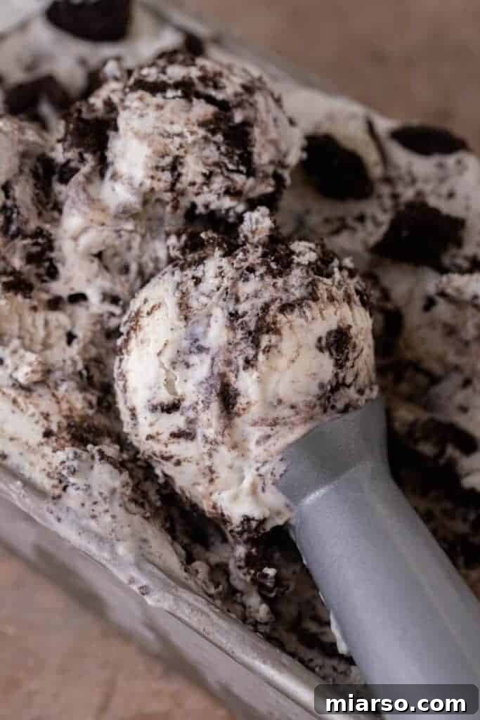 Simply Delicious No Churn Oreo Ice Cream 2 No churn cookies and cream ice cream in a loaf pan, garnished with whole Oreos and crumbs, showcasing its creamy texture and rich cookie distribution.