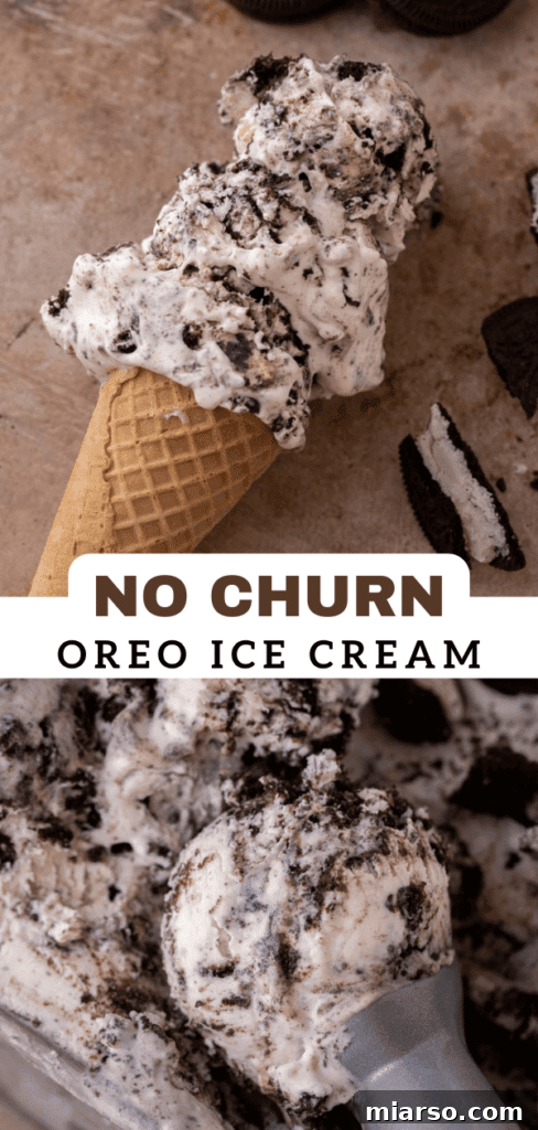Simply Delicious No Churn Oreo Ice Cream 13 A vibrant close-up of no-churn Oreo ice cream, highlighting the rich vanilla base and generous pieces of crushed Oreo cookies.