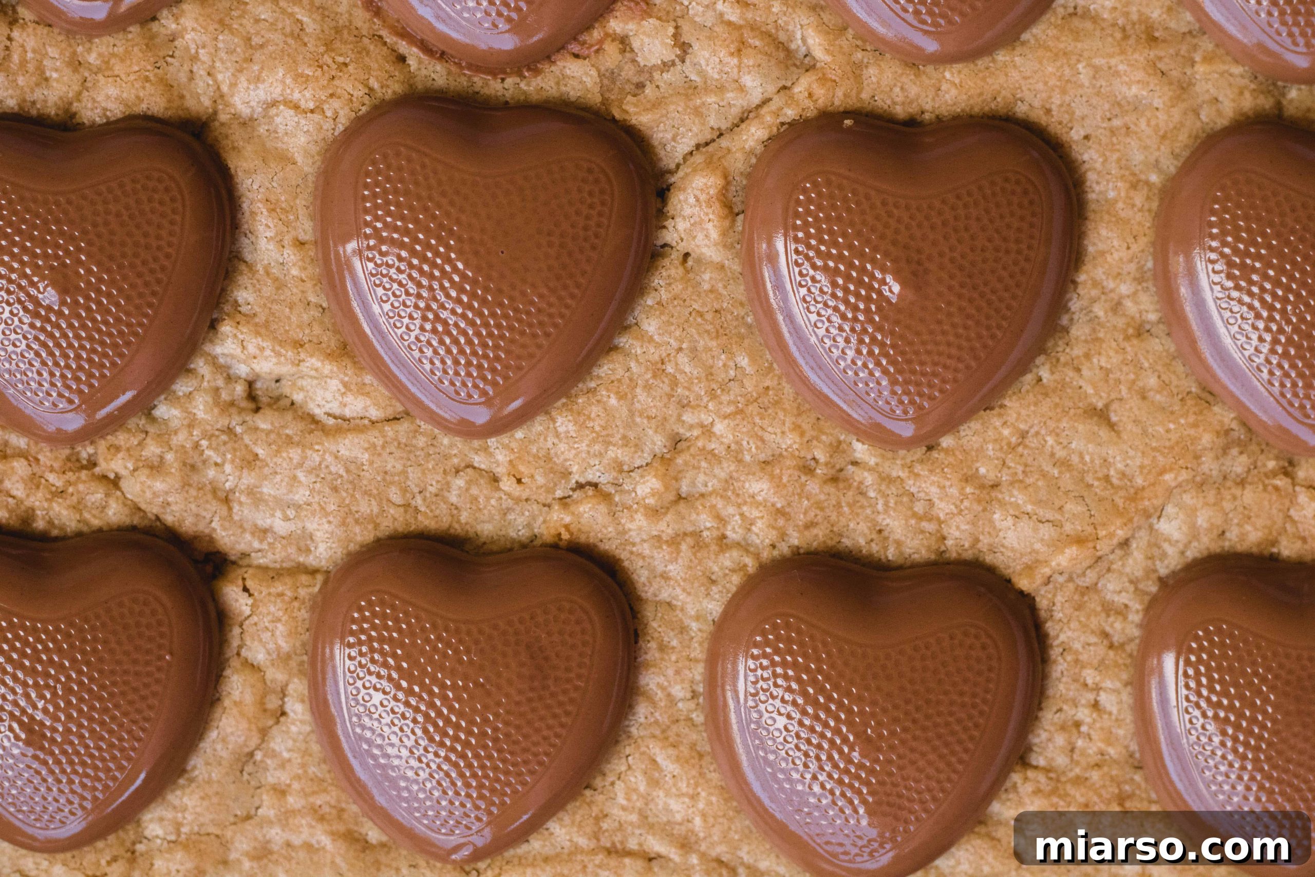 Close-up of peanut butter blondies topped with Reese's chocolate hearts, showing the soft interior.