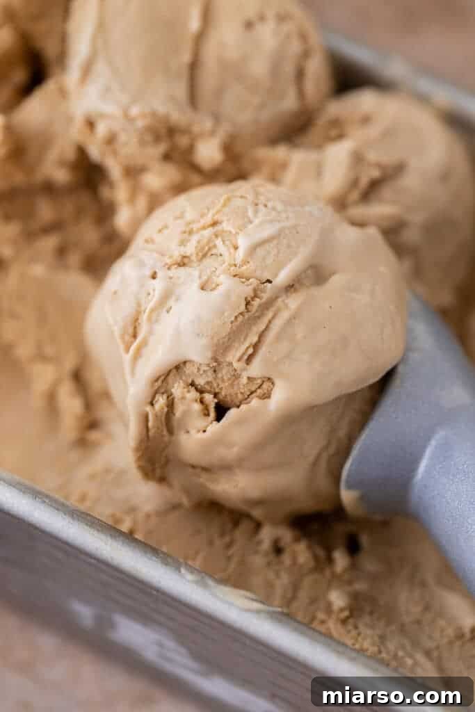 Indulgent no-churn coffee ice cream served in a bowl, showcasing its creamy texture and rich coffee hue.