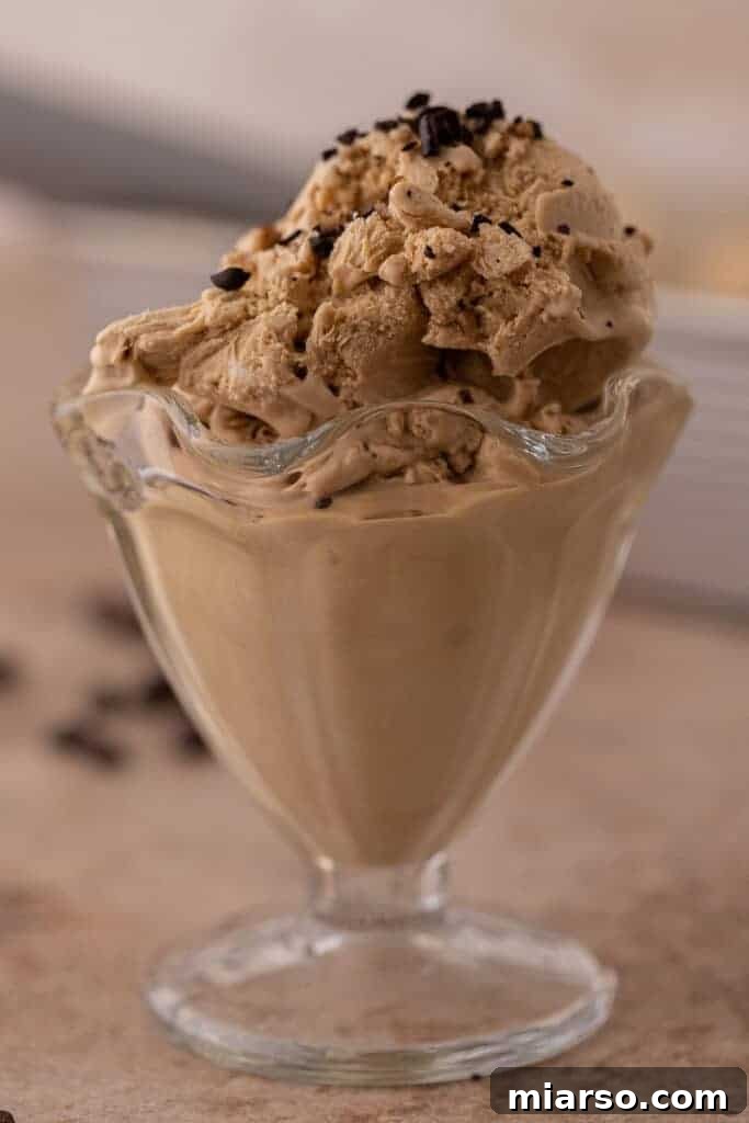 Close-up of no-churn coffee ice cream served elegantly in a glass, ready to be savored.