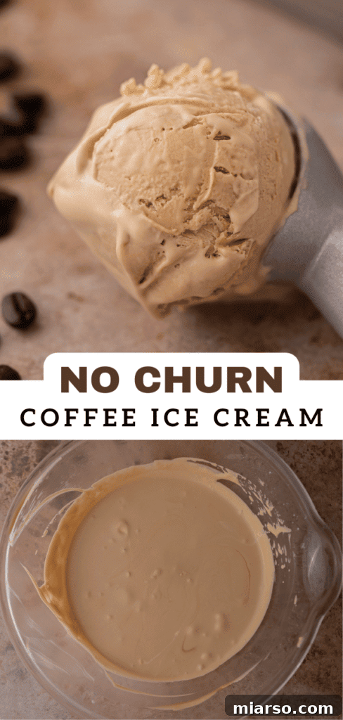 Another vibrant pin graphic for no-churn coffee ice cream, highlighting its deliciousness.