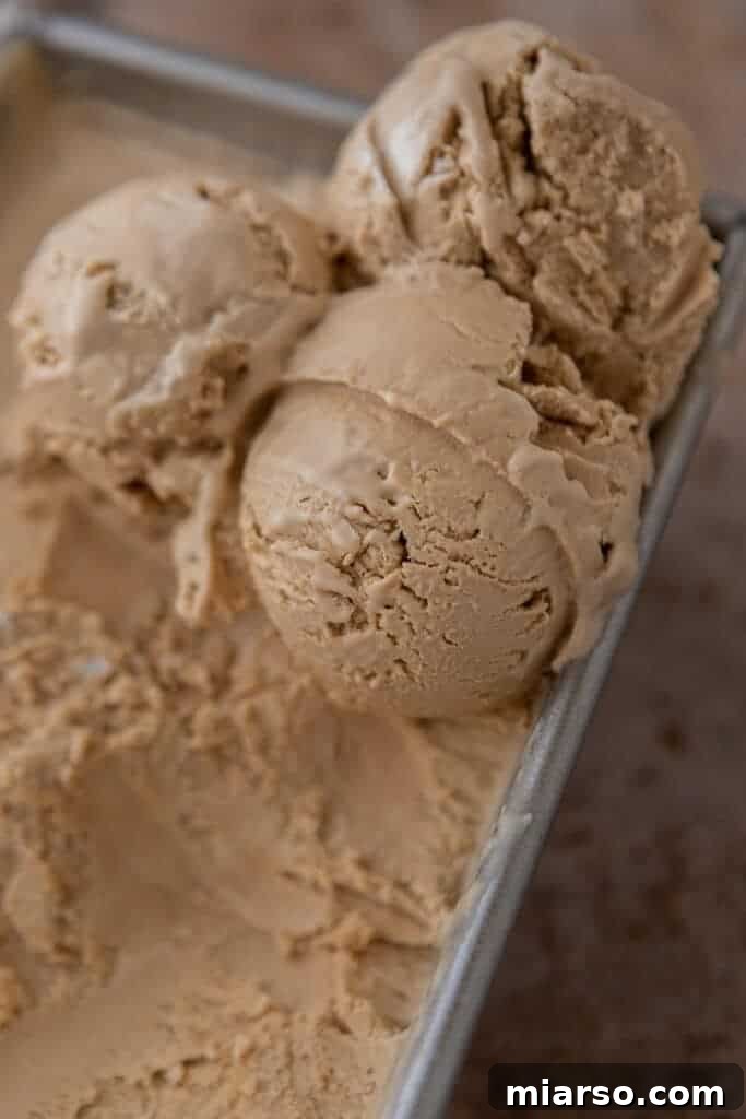 Freshly scooped no-churn coffee ice cream, garnished and ready to be enjoyed.