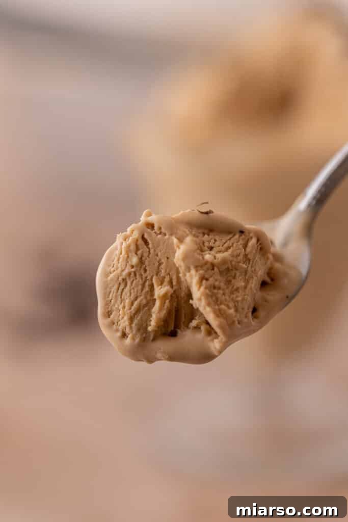A spoonful of creamy coffee ice cream, glistening and ready to be tasted.