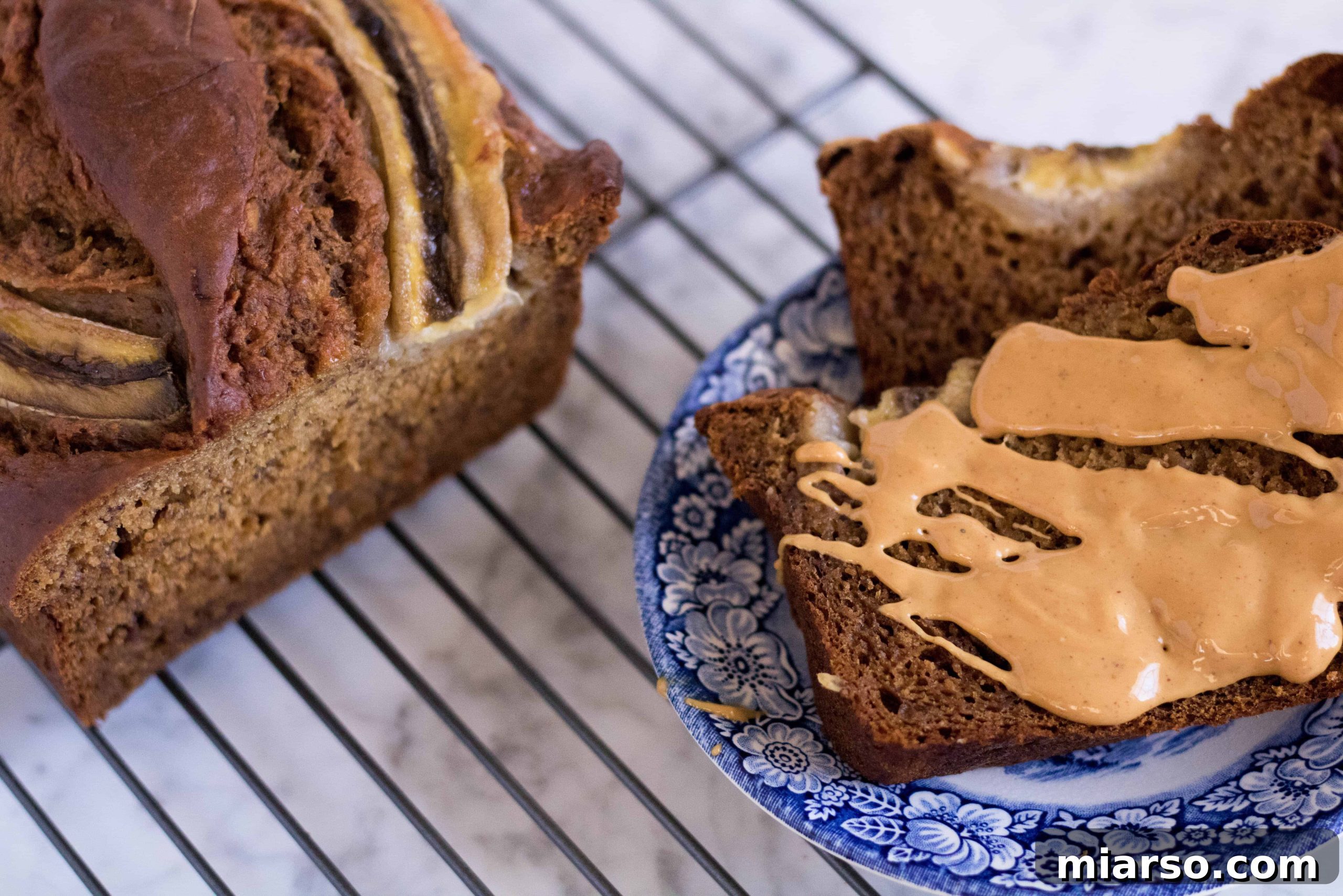 Full loaf of healthy no sugar added banana bread in a decorative loaf pan