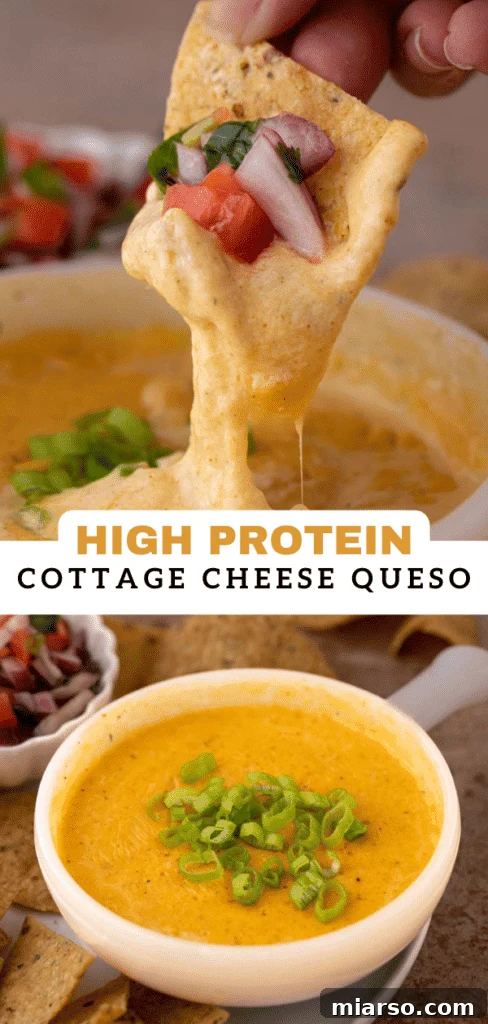 Another enticing image of cottage cheese queso for social media sharing or pinning