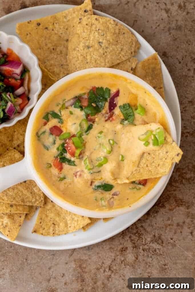 A bowl of high-protein cottage cheese queso, garnished and ready for dipping