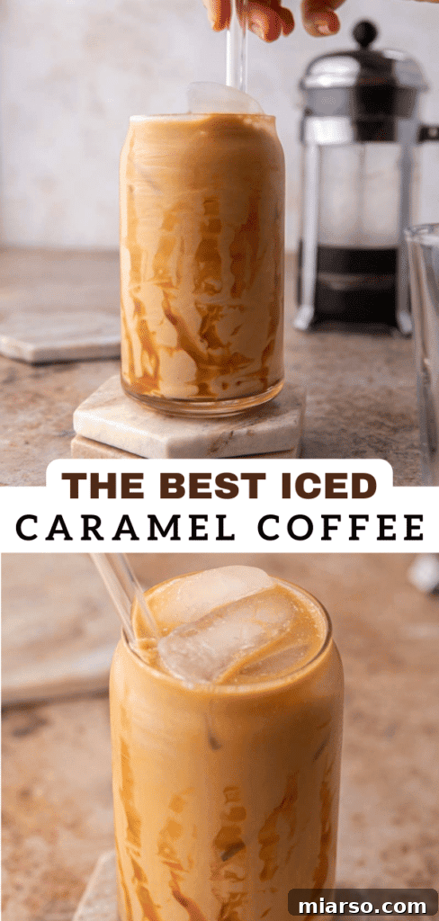 Quick 5-Minute Iced Caramel Coffee Perfection 11 Beautifully styled iced caramel coffee in a clear glass, perfect for pinning on Pinterest.