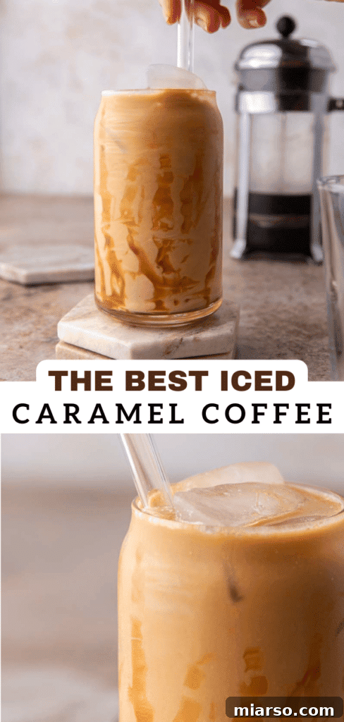 Quick 5-Minute Iced Caramel Coffee Perfection 12 Another enticing angle of the iced caramel coffee, showing its rich color and creamy texture.