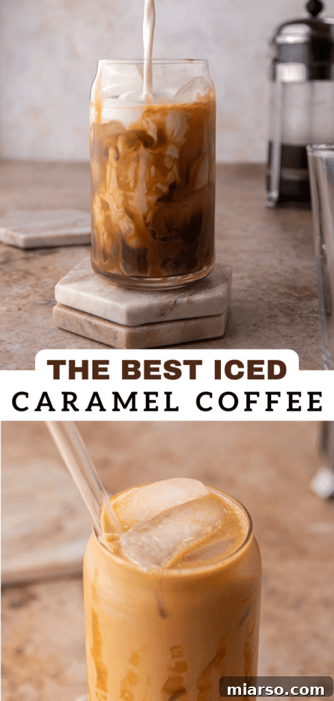 Quick 5-Minute Iced Caramel Coffee Perfection 13 A close-up of the iced caramel coffee, highlighting the caramel swirls and inviting foam.