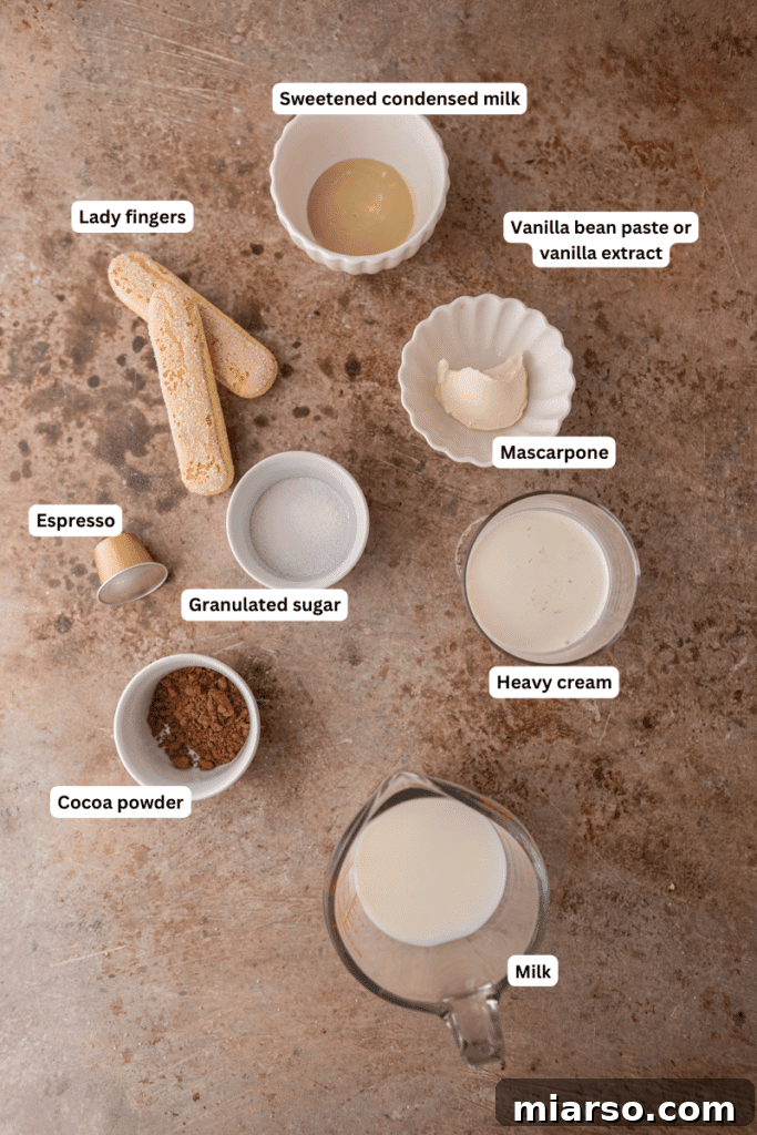 Mastering the Dreamy Tiramisu Latte Recipe 3 Assortment of fresh ingredients for making tiramisu latte on a kitchen counter.