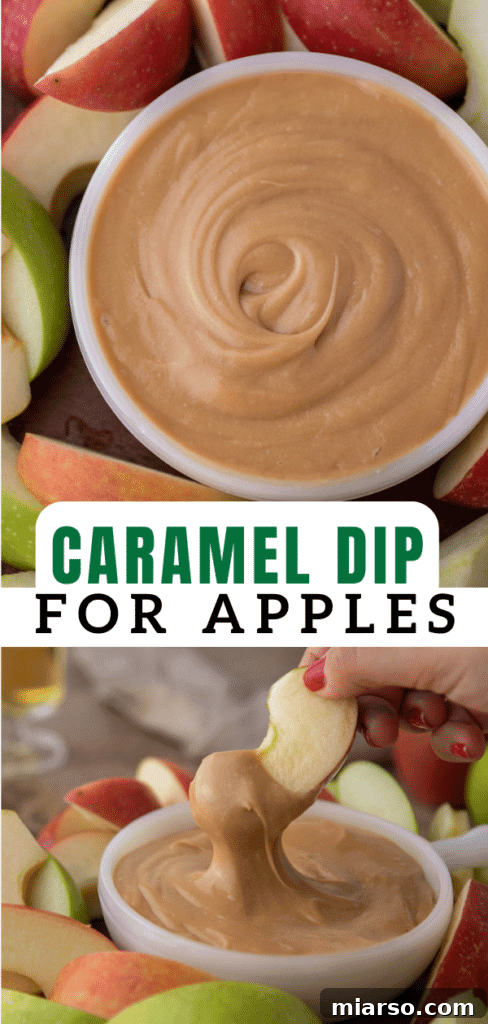 Crafting the Perfect Homemade Caramel Apple Dip 12 A Pinterest-style image for caramel sauce dip, featuring a top-down view of the dip with apples.
