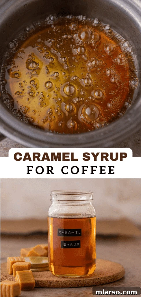 A jar of homemade caramel syrup for coffee, with a focus on its rich, golden color.