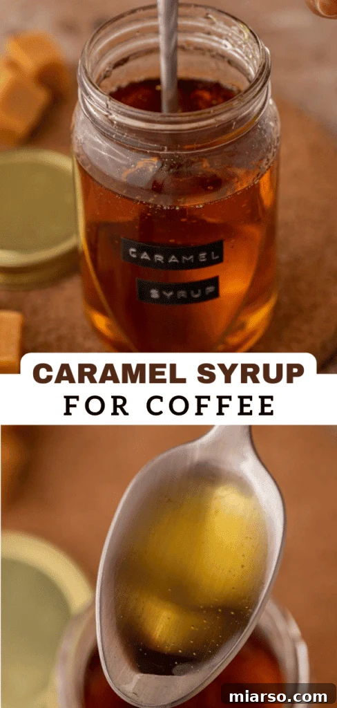 Close-up of caramel syrup for coffee being drizzled, highlighting its smooth, glossy texture.