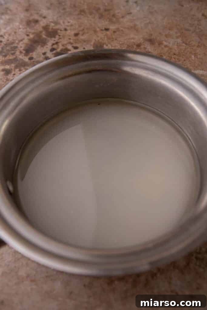 Sugar and water combined in a saucepan on the stove, ready to be heated.