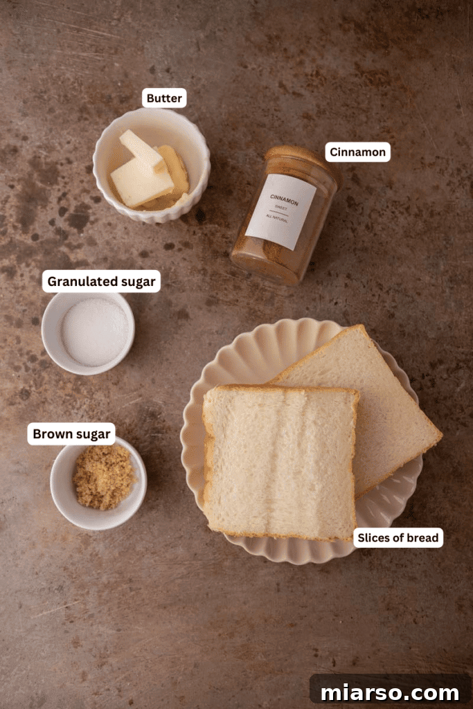 Perfect Cinnamon Sugar Toast, Every Time 4 A collection of ingredients for cinnamon sugar toast, including bread, butter, and spices, neatly arranged on a kitchen counter.