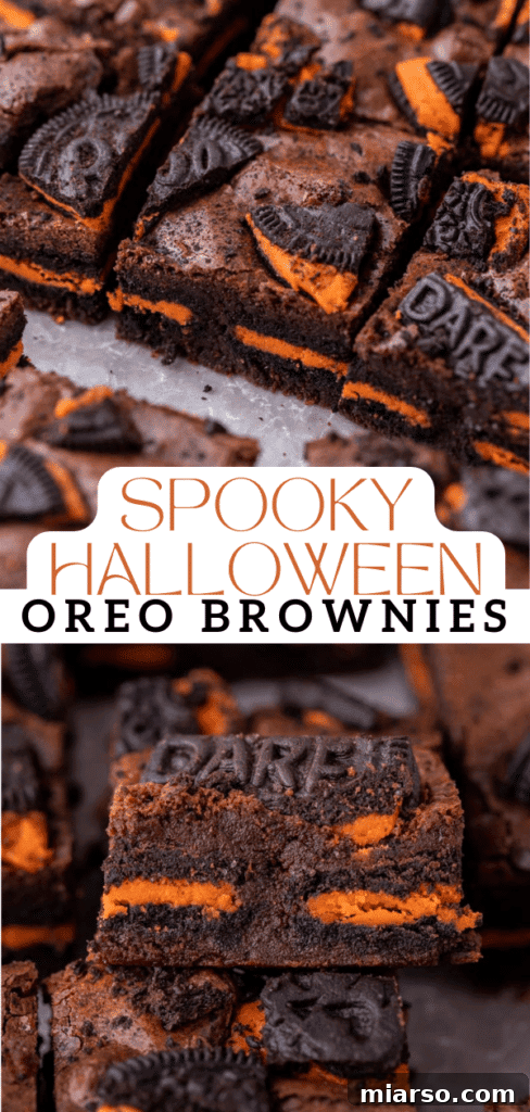 A vibrant close-up of spooky Halloween Oreo brownies with orange cream filling visible, arranged artfully.