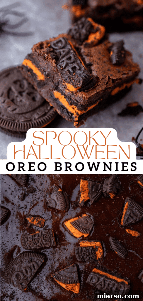 Another enticing view of Halloween Oreo brownies, showcasing their fudgy texture and festive decorations.