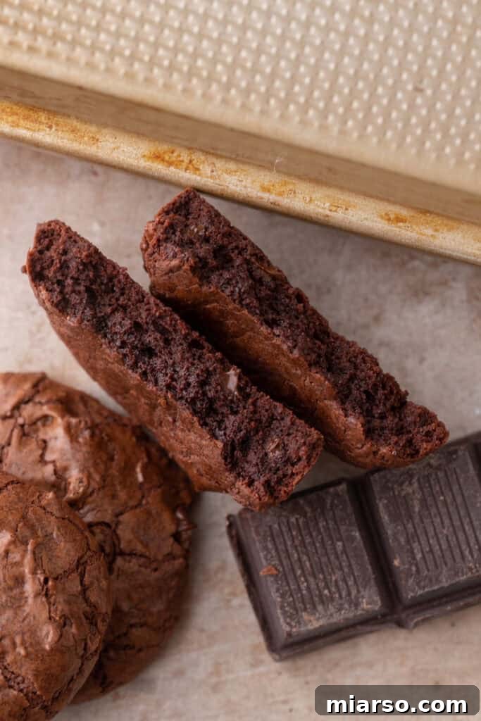Small batch brownie cookie cut in half