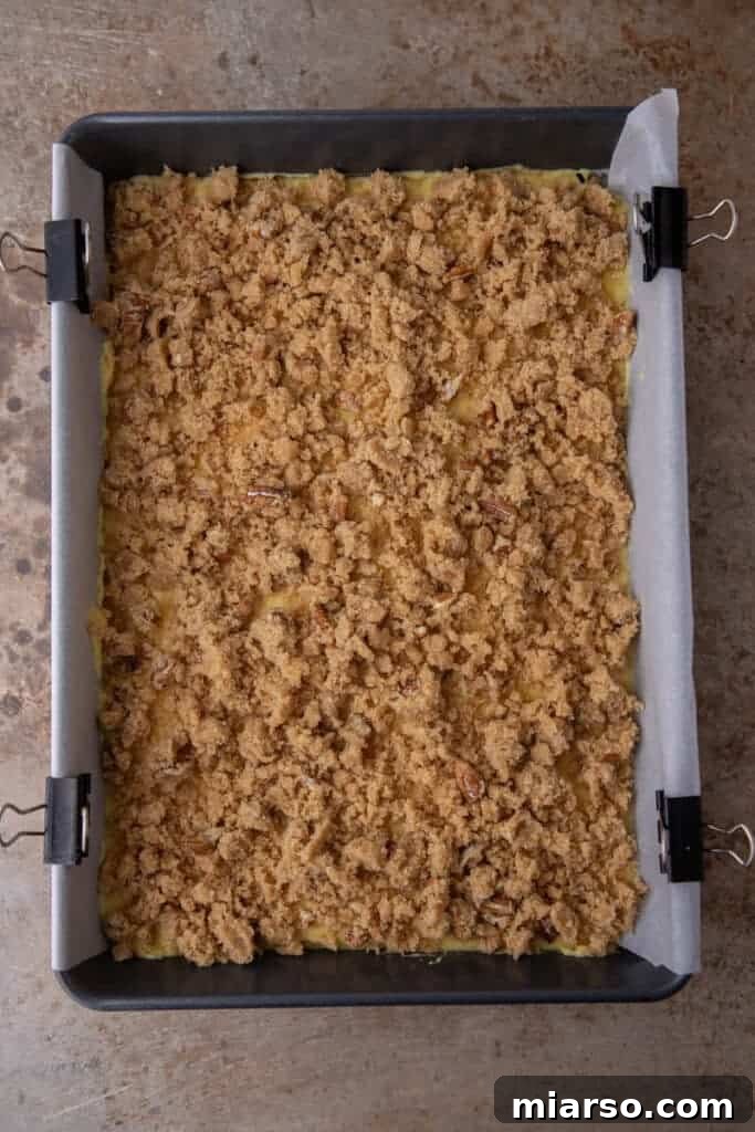 Baked coffee cake with streusel topping, fresh out of the oven