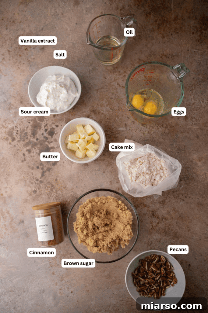 Collection of fresh ingredients for cake mix coffee cake laid out on a kitchen counter