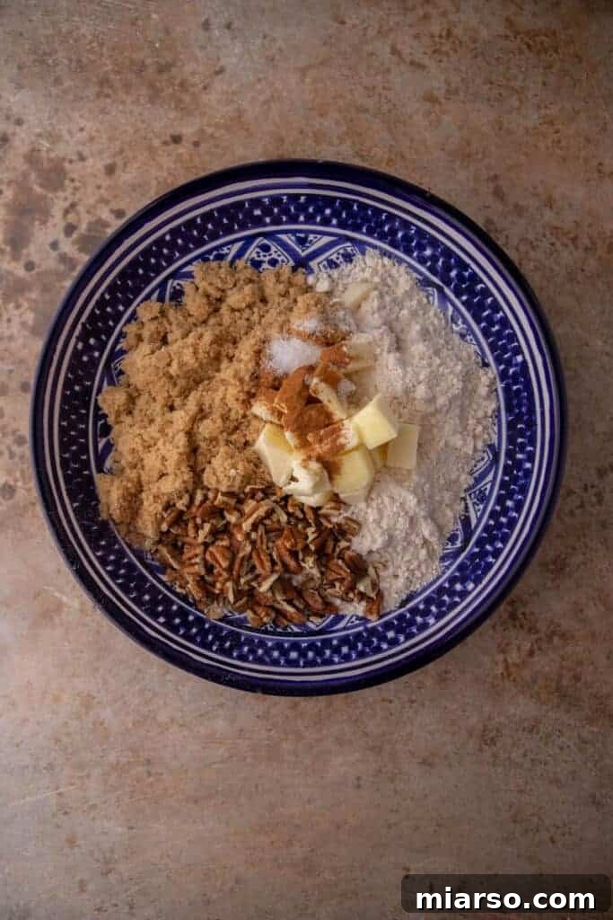 Bowl of streusel topping ingredients before mixing