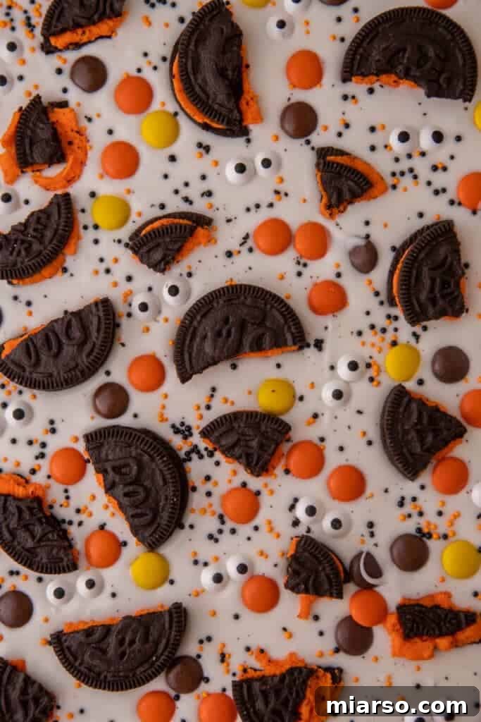 Close up of spooky halloween candy bark