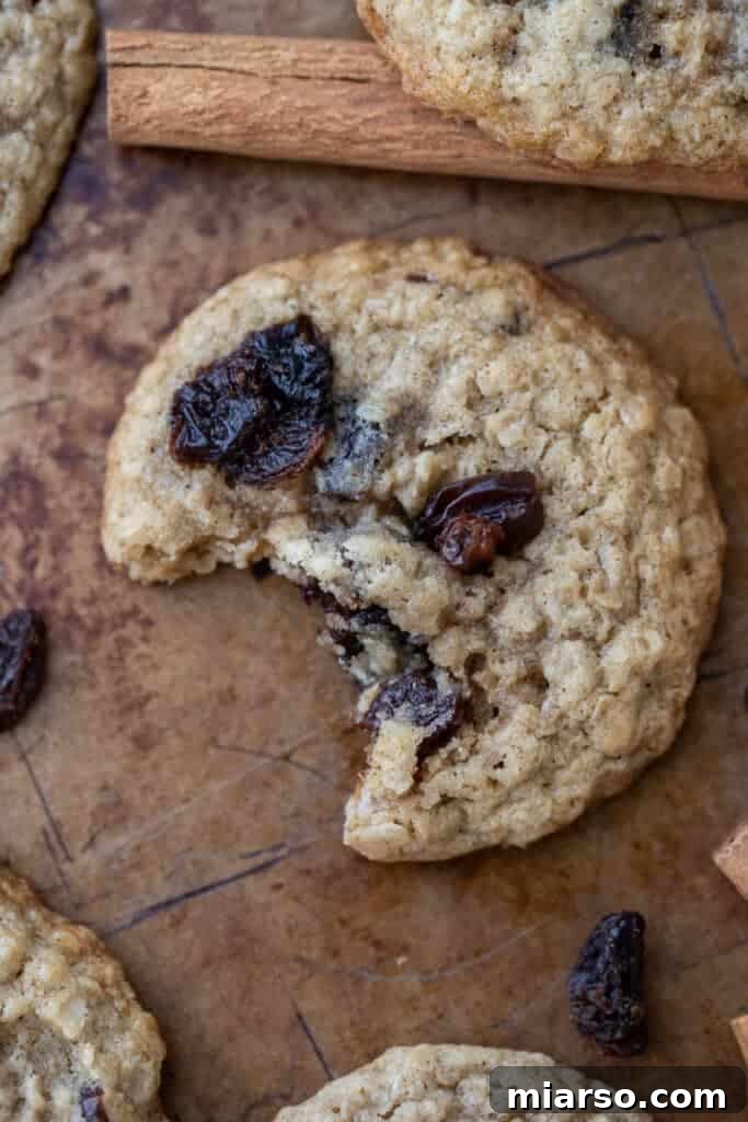 Close-up of a chewy oatmeal raisin cookie with a bite taken out, showing its soft interior