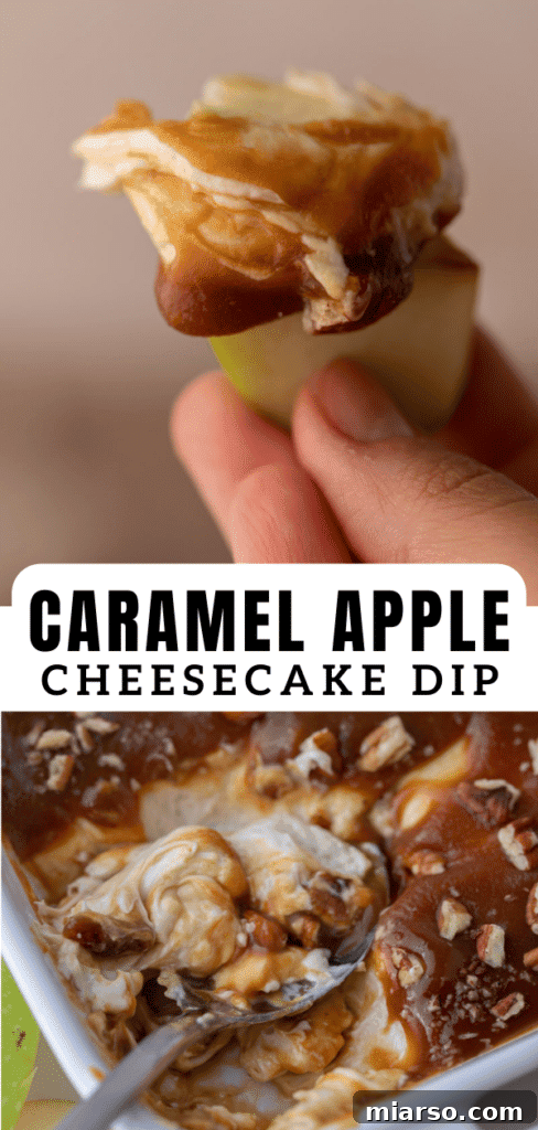 Beautifully garnished caramel apple cheesecake dip, a perfect fall dessert.