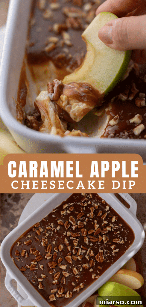 A festive serving of caramel apple cheesecake dip, ideal for holiday gatherings.