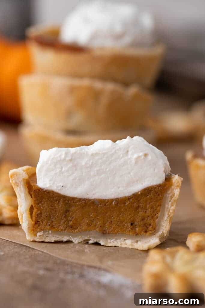 Bite-Sized Pumpkin Delights in a Muffin Tin 10 A mini pumpkin pie cut in half, showcasing the thick, creamy pumpkin filling and the perfectly baked flaky crust.