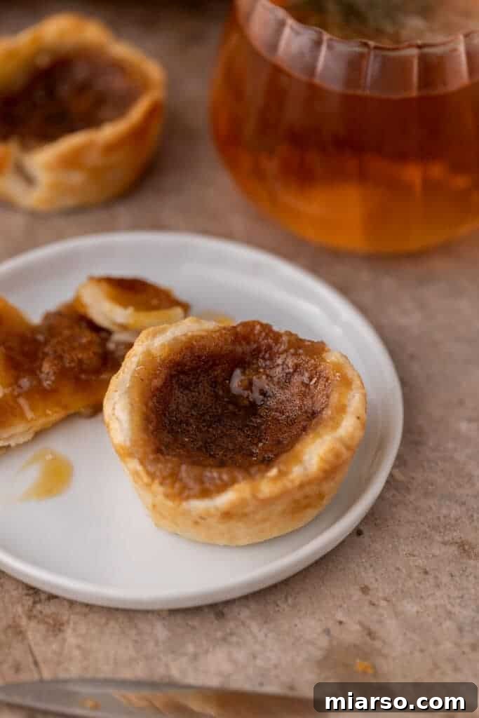 A single mini butter tart, perfectly baked with a golden crust and a glistening, gooey center, presented on a small white plate