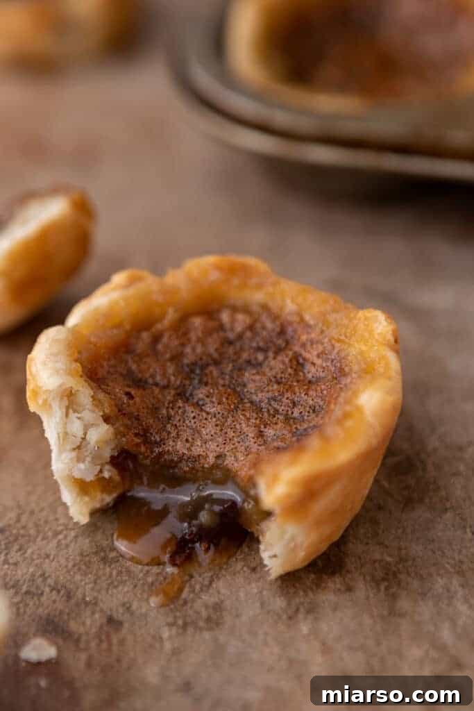 Several gooey Canadian butter tarts arranged on a plate, highlighting their rich, amber filling and delicate crusts