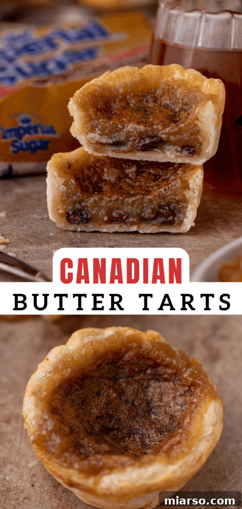 Close-up of a Canadian butter tart with a visibly gooey filling, perfect for pinning to a dessert board