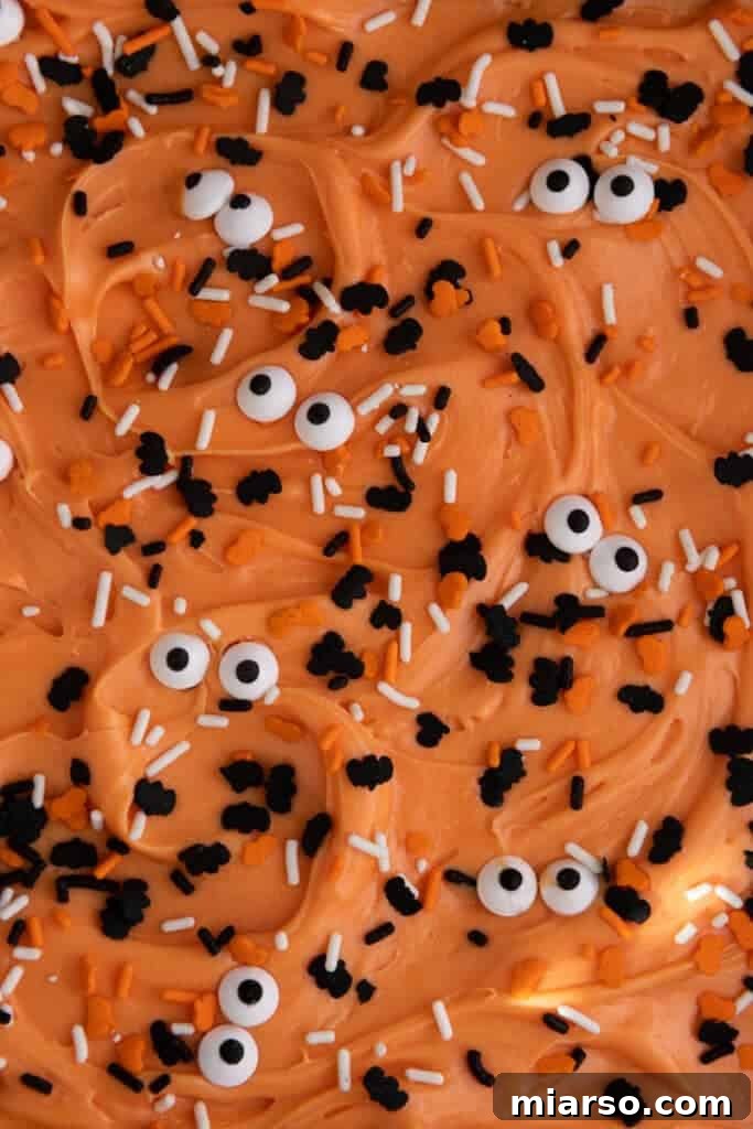 Spooktacularly Simple Halloween Sugar Cookie Bars 11 Overhead shot of freshly baked sugar cookie bars in a baking pan
