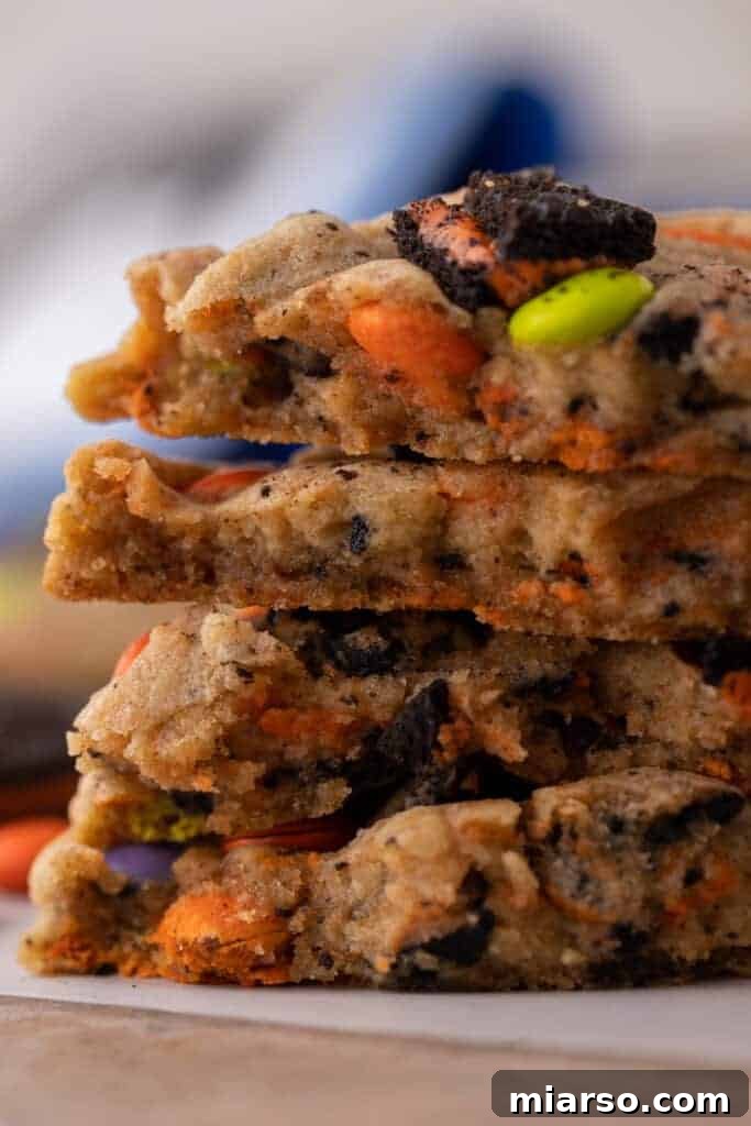 Stack of freshly baked Halloween Oreo M&M's cookies
