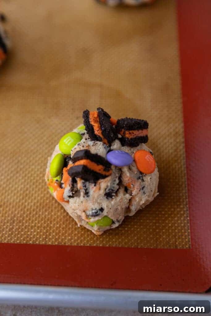 Halloween Oreo M&M's cookie dough on a baking sheet