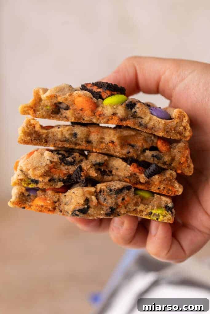 Hand holding stack of Halloween Oreo M&M's cookies