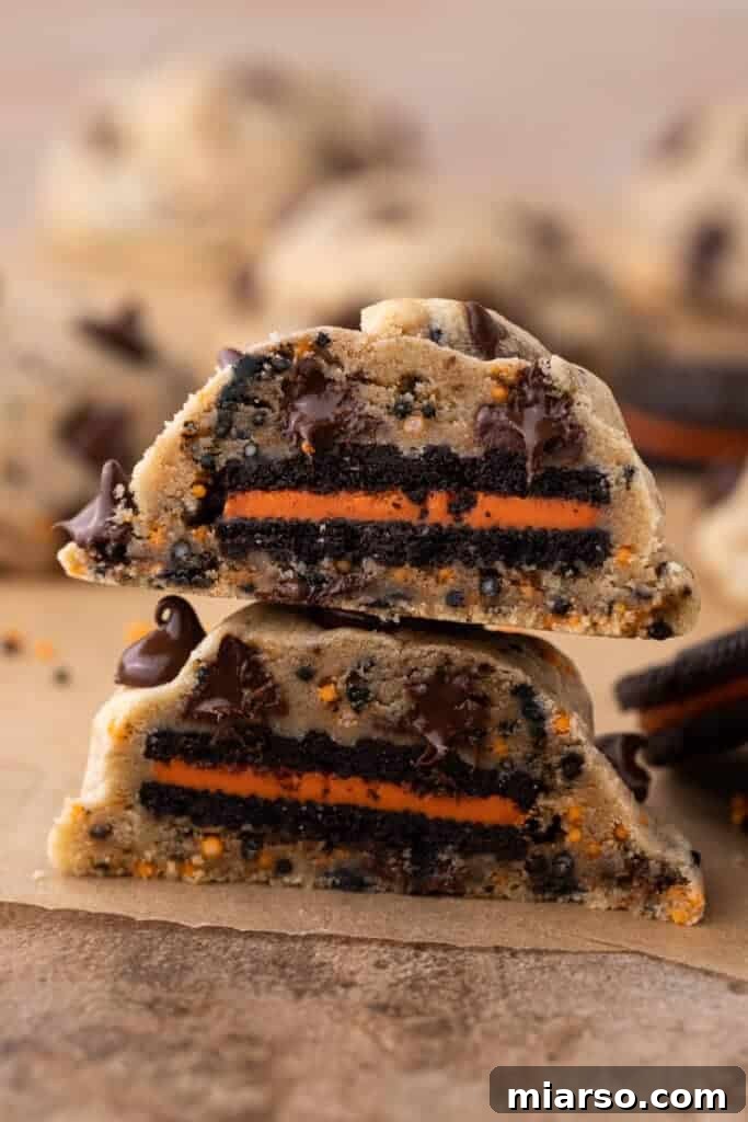 A Halloween Oreo stuffed chocolate chip cookie cut in half stacked on top of each other. 