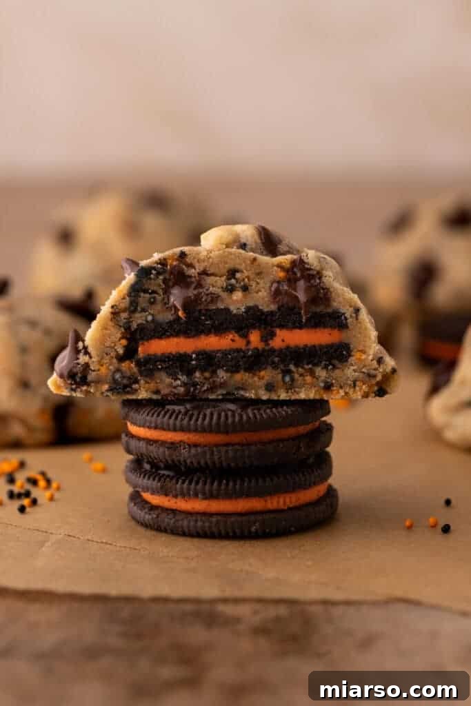 split Halloween Oreo stuffed chocolate chip cookies stacked on two oreos