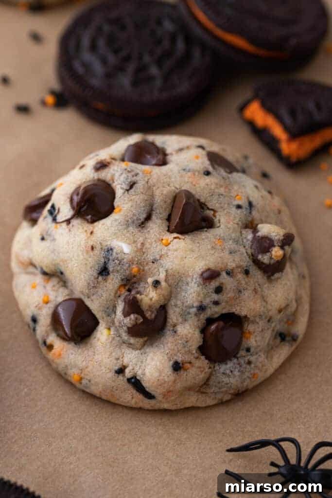 a baked Halloween Oreo stuffed chocolate chip cookie